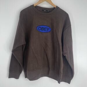Obey Brown Fuzzy Logo Pull Over Sweatshirt Size Medium